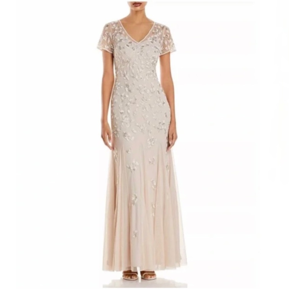 Adrianna Papell Beaded Godet Gown Formal Maxi Dress Women’s 6 Color: Biscotti